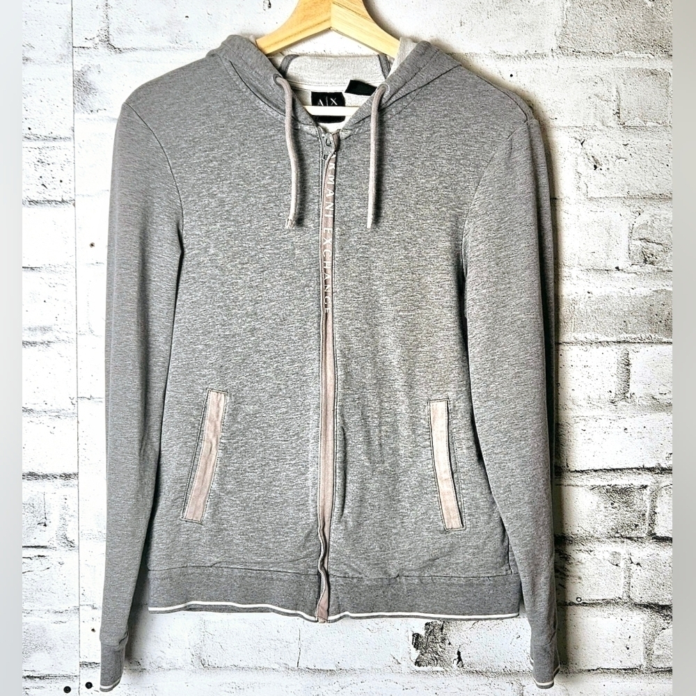 Armani Exchange A|X Grey Zip Up Hoodie Logo Trim Casual Sweatshirt Small
